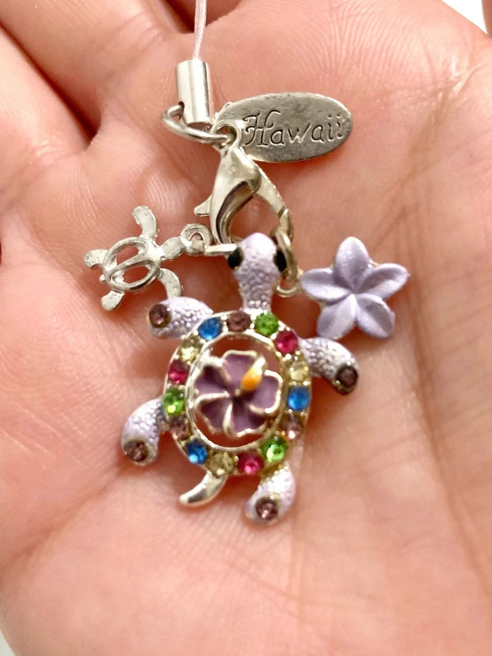 Laule’a Hawaii Purple Turtle flower Charm Phone Strap with Multicolor Rhinestone